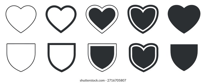 a minimalistic composition displaying a series of heart shapes and shield outlines in varying shades of black and white tones arranged neatly