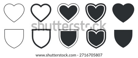 a minimalistic composition displaying a series of heart shapes and shield outlines in varying shades of black and white tones arranged neatly
