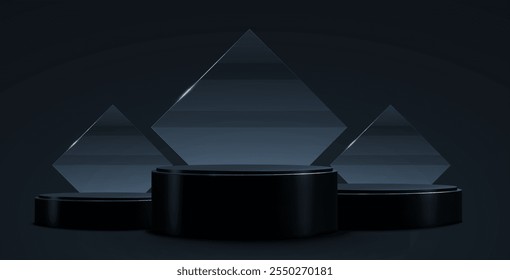 Minimalistic composition featuring a black podium and three triangular glass shapes on a dark gradient background, showcasing a modern and elegant abstract design. Vector realistic illustration