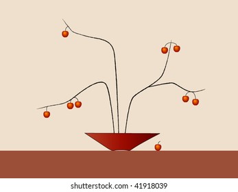 Minimalistic  composition with small red apples in oriental style