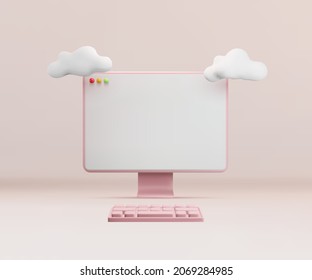 Minimalistic conceptual 3d rendered scene with personal computer and clouds above it on light background. Vector illustration