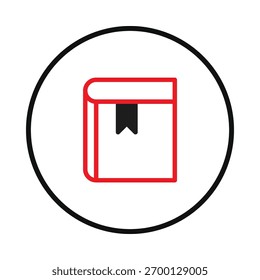 A minimalistic and concise symbol showcasing a red book with a black bookmark, encapsulating the essence of education and knowledge. Encased within a circle, this icon represents literature,
