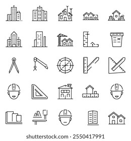Minimalistic Construction and Architecture Line Icons Set – Monochrome Tools, Safety Equipment, Vehicles and More for Engineering Design