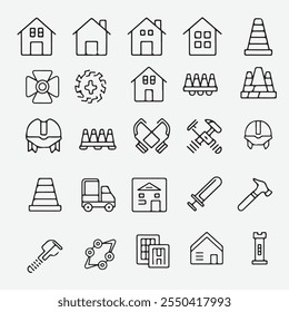 Conjunto minimalista de ícones de linha de construção e arquitetura - Ferramentas monocromáticas, equipamentos de segurança, veículos e muito mais para o projeto de engenharia