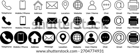 Minimalistic contact icons set featuring phone, mobile, address, email, location, website, user, chat, and printer symbols, designed in outline and solid styles for modern UI, business cards, and web