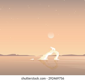 minimalistic contemporary global warming concept vector illustration. Polar bear standing on a melting iceberg formation in the middle of the ocean