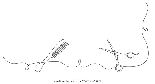 Minimalistic continuous drawing of scissors and comb in one line. Barber shop or barbershop symbol. Editable stroke Vector illustration.