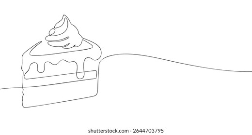 Minimalistische, kontinuierliche Linienkunst, die ein Stück Kuchen mit Frosting und Creme zeigt, perfekt für Backwaren, Süßigkeiten und Cafés.
