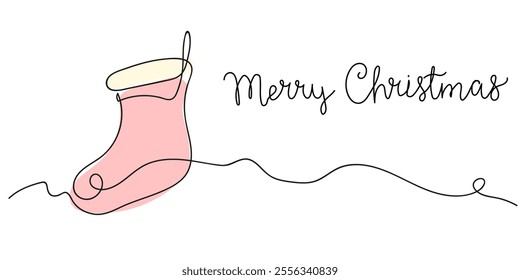 Minimalistic continuous line drawing of Christmas stocking on white background, featuring hand-lettered "Merry Christmas " text, vector illustration