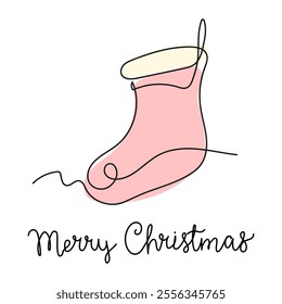 Minimalistic continuous line drawing of Christmas stocking on white background, featuring hand-lettered "Merry Christmas " text. elegant vector illustration captures festive spirit perfectly.