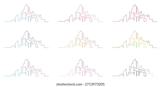 Colección minimalista de paisaje urbano que muestra nueve vibrantes variaciones de color de un Diseño gráfico de Vector de silueta de horizonte urbano abstracto