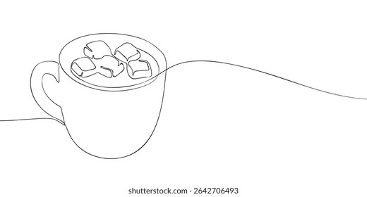Minimalistic continuous line drawing of a cup filled with hot chocolate topped with marshmallows, perfect for cozy themes.
