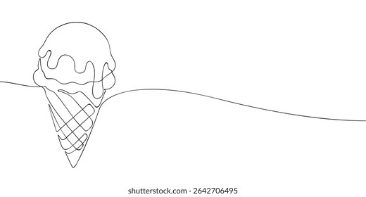 Minimalistic continuous line drawing of a dripping ice cream cone with two scoops, ideal for summer and dessert concepts.
