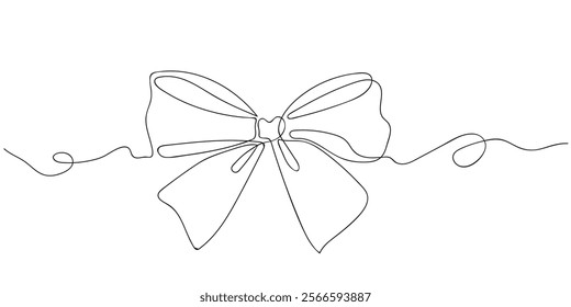 Minimalistic continuous line drawing of a ribbon bow. Elegant black outline bow knot design on a white background. Vector illustration for festive occasions.