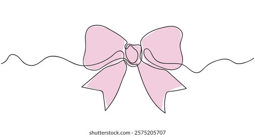 Minimalistic continuous line drawing of a ribbon bow. Elegant black outline bow knot design on a white background. Vector illustration for festive occasions.