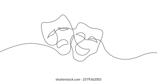 Minimalistic continuous line drawing of theater masks representing comedy and tragedy.