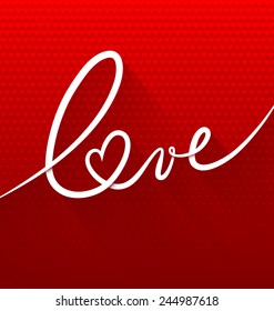 Minimalistic continuous line text lettering of word Love on red background with small hearts