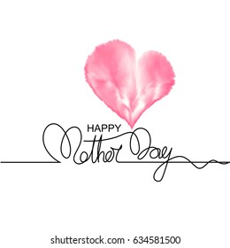 Minimalistic continuous line text lettering of word Happy Mother Day on white background with red watercolor heart. Vector illustration.