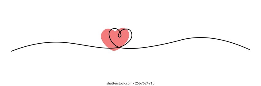 Minimalistic continuous one line drawing of a small heart connected to a flowing black line over a soft pink shape. Perfect for romantic card designs and love-themed projects. Editable stroke