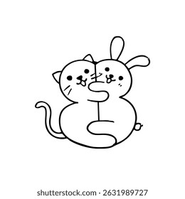 Minimalistic continuous one-line drawing of two happy cat silhouettes — simple ink doodle of sitting cats, cute vector illustration.