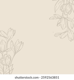 Minimalistic contour drawing of crocuses with an elegant floral frame. Delicate lines create a refined composition, perfect for invitations, backgrounds, and decorative designs.