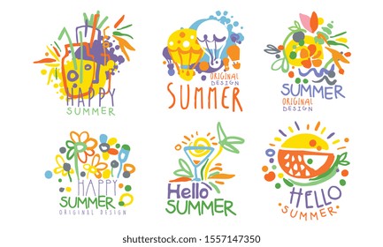 Minimalistic contour summer logos with lettering. Vector illustration.