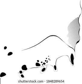 Minimalistic contour vector illustration of body silhouette of imaginary animal with wavy horns. Ancient antelope resembling living being with spotted coloring foraging on grasses and herbs.