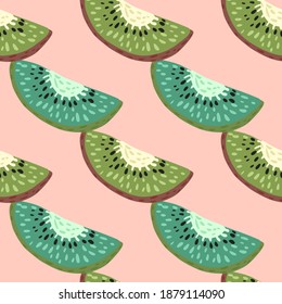Minimalistic contrast seamless pattern with blue and green tones kiwi shapes. Pink light background. Designed for fabric design, textile print, wrapping, cover. Vector illustration.