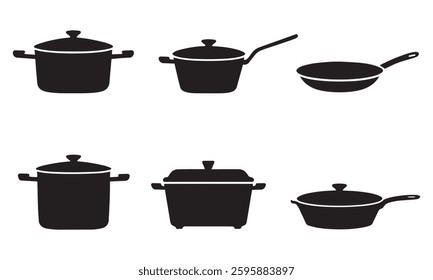 Minimalistic cookware drawing cooking pots icon set