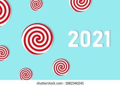 Fondo abstracto minimalista fresco con círculos rojos-blancos y 2021. Feliz Año Nuevo. Puede usar para sitio web, banner, calendario, tarjeta de saludo