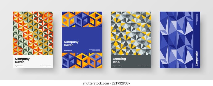 Minimalistic corporate brochure A4 vector design layout collection. Isolated mosaic hexagons front page illustration composition.