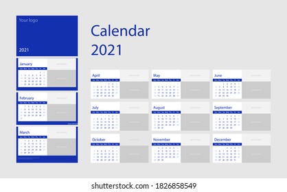 Minimalistic corporate calendar design for 2021. The calendar has a grid and templates for photos. Week starts on sunday. Numbers and text are curves.