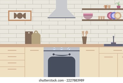 Minimalistic cosy boho modern kitchen interior design, flat vector illustration