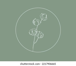 Minimalistic cotton logo circle on green background. Wedding cotton circle frame design. Circle icon outline on green