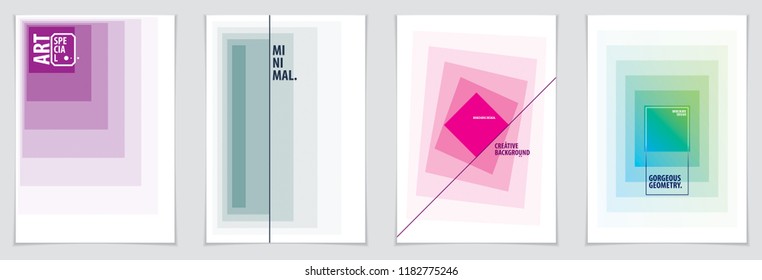 Minimalistic cover brochure designs. Vector geometric patterns abstract backgrounds set. Layouts for Covers, Placards, Posters, Flyers and Banner Designs. A4 print format.