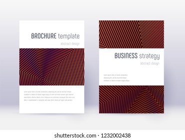 Minimalistic cover design template set. Orange abstract lines on wine red background. Energetic cover design. Actual catalog, poster, book template etc.