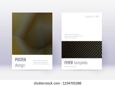 Minimalistic cover design template set. Gold abstract lines on black background. Ecstatic cover design. Actual catalog, poster, book template etc.