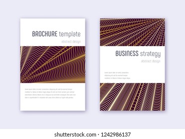 Minimalistic cover design template set. Gold abstract lines on maroon background. Emotional cover design. Superb catalog, poster, book template etc.