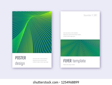 Minimalistic cover design template set. Green abstract lines on dark background. Ecstatic cover design. Mind-blowing catalog, poster, book template etc.