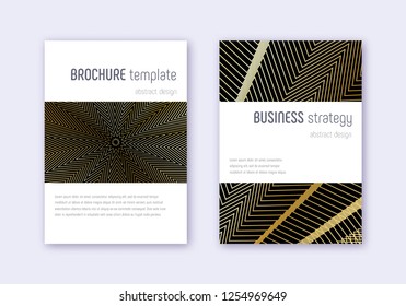 Minimalistic cover design template set. Gold abstract lines on black background. Emotional cover design. Glamorous catalog, poster, book template etc.
