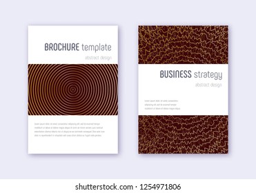 Minimalistic cover design template set. Gold abstract lines on maroon background. Emotional cover design. Posh catalog, poster, book template etc.
