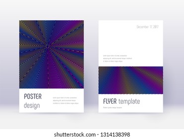Minimalistic cover design template set. Rainbow abstract lines on dark blue background. Elegant cover design. Overwhelming catalog, poster, book template etc.