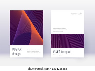 Minimalistic cover design template set. Violet abstract lines on dark background. Eminent cover design. Vibrant catalog, poster, book template etc.
