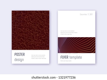 Minimalistic cover design template set. Orange abstract lines on wine red background. Elegant cover design. Grand catalog, poster, book template etc.