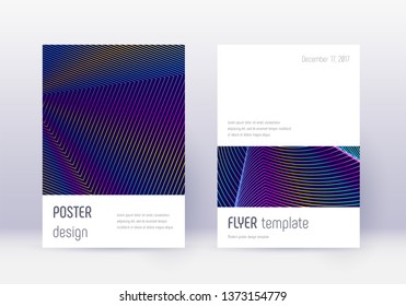 Minimalistic cover design template set. Rainbow abstract lines on dark blue background. Elegant cover design. Wondrous catalog, poster, book template etc.
