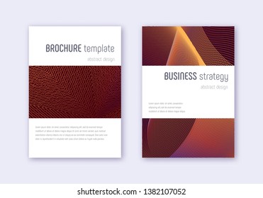 Minimalistic cover design template set. Orange abstract lines on wine red background. Enchanting cover design. Resplendent catalog, poster, book template etc.