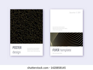 Minimalistic cover design template set. Gold abstract lines on black background. Ecstatic cover design. Amusing catalog, poster, book template etc.