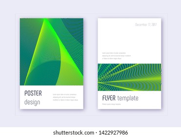 Minimalistic cover design template set. Green abstract lines on dark background. Ecstatic cover design. Indelible catalog, poster, book template etc.