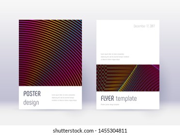 Minimalistic cover design template set. Rainbow abstract lines on wine red background. Eminent cover design. Attractive catalog, poster, book template etc.