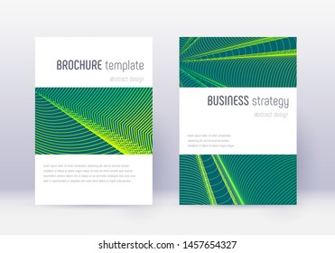 Minimalistic cover design template set. Green abstract lines on dark background. Emotional cover design. Valuable catalog, poster, book template etc.